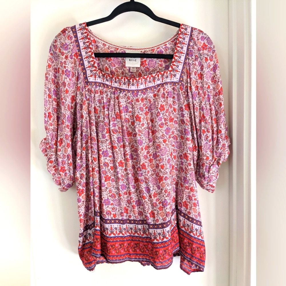 Knox Rose Peasant Boho Shirt Floral Multicolor Loose Fitting Blouse Size XL